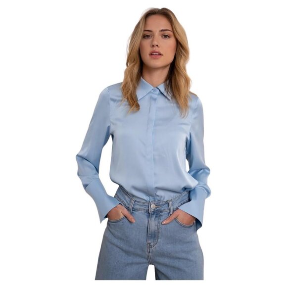 CHOKLATE PARIS - SKY BLUE POLYESTER SATIN BUTTON DOWN BLOUSE - Picture 1 of 3